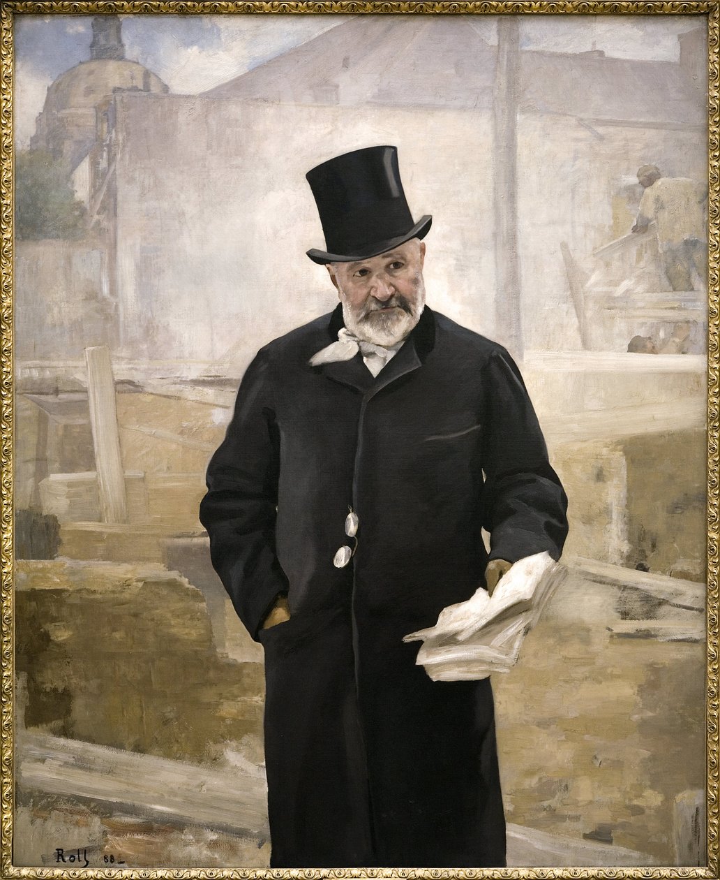 Retrato de Jean Charles Adolphe Alphand (1817-1891), Colaborador do Barão Haussmann, Supervisor das obras públicas, disposição dos espaços verdes em Paris, director das obras da Exposição Mundial de 1889, Pintura a óleo sobre tela de Alfred Roll (1846-1919 de Alfred Roll