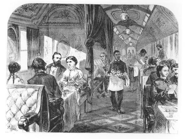 O Palace Hotel car da Union Pacific Railway, meados do século 19 (gravura) (foto a p/b) de Alfred Rudolph (after) Waud