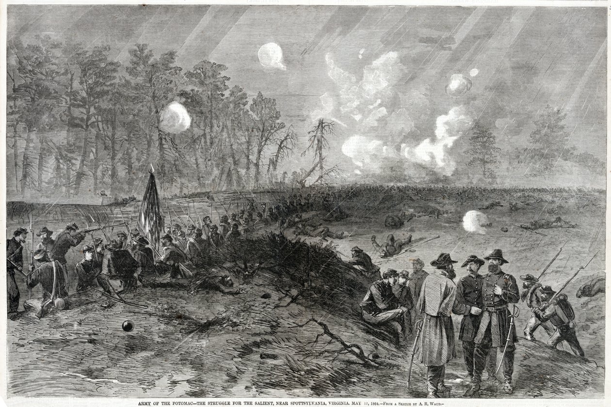 Exército do Potomac - A Luta pelo Saliente, perto de Spottsylvania, Virgínia. 12 de maio de 1864, da Harpers Weekly, pub. 1864 de Alfred Rudolph Waud