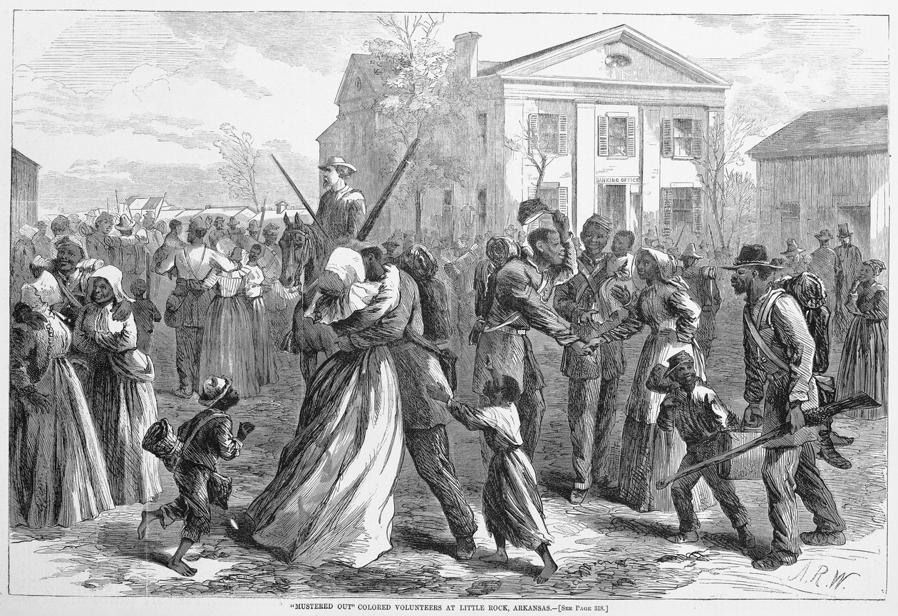 Voluntários coloridos em Little Rock, Arkansas, do Harpers Weekly, pub. 1866 de Alfred Rudolph Waud