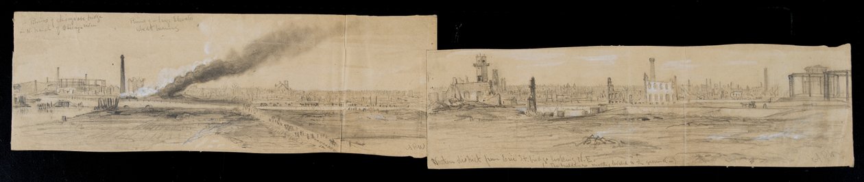 Distrito norte da Erie Street Bridge, olhando para o leste, durante o incêndio de Chicago de 1871 (lápis e giz sobre papel) de Alfred Rudolph Waud