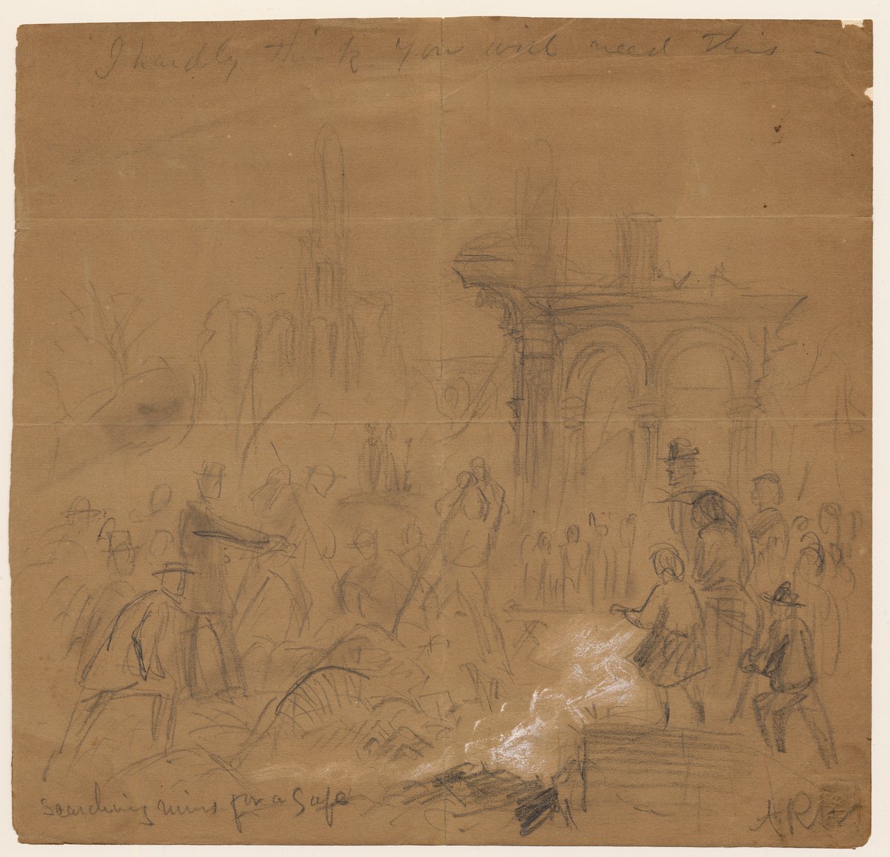 Procurando ruínas para um cofre após o incêndio de Chicago de 1871 (lápis e giz no papel) de Alfred Rudolph Waud