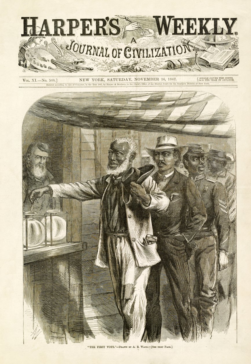 O primeiro voto, pub. Harpers Weekly, 1867 de Alfred Rudolph Waud