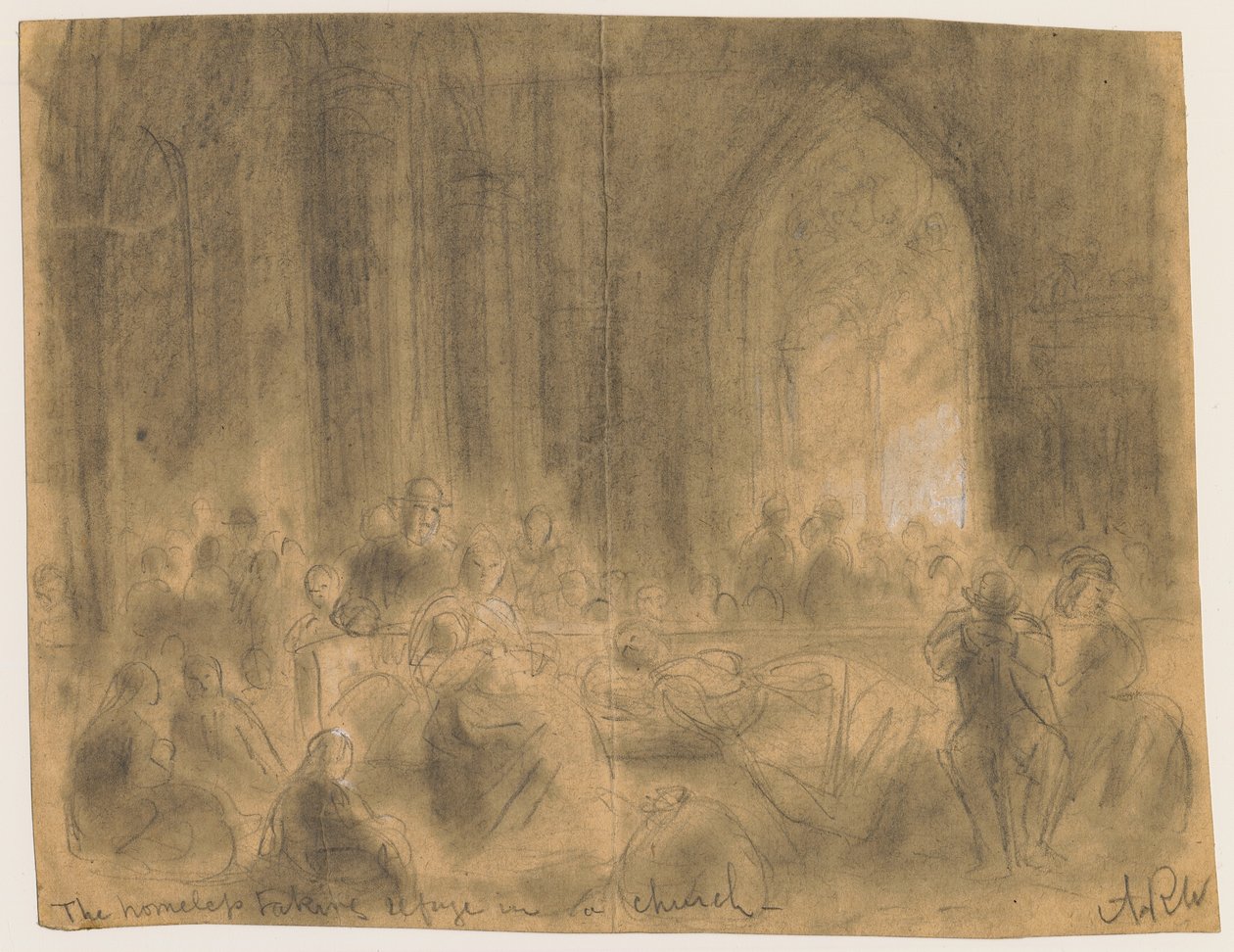 Os sem-teto se refugiam em uma igreja durante o incêndio de Chicago de 1871 de Alfred Rudolph Waud