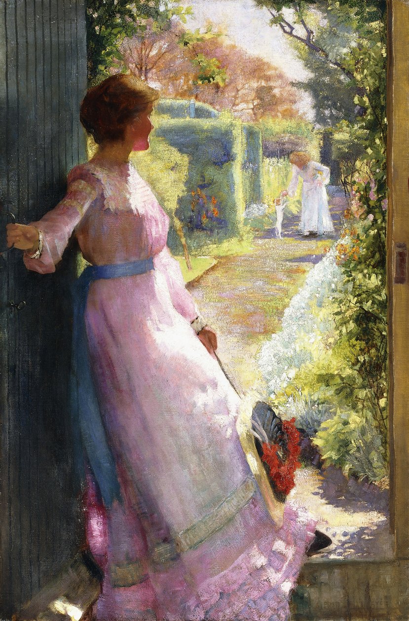 A esposa do artista dando as boas-vindas a sua irmã, Hebe, ao chá de Alfred Sangster