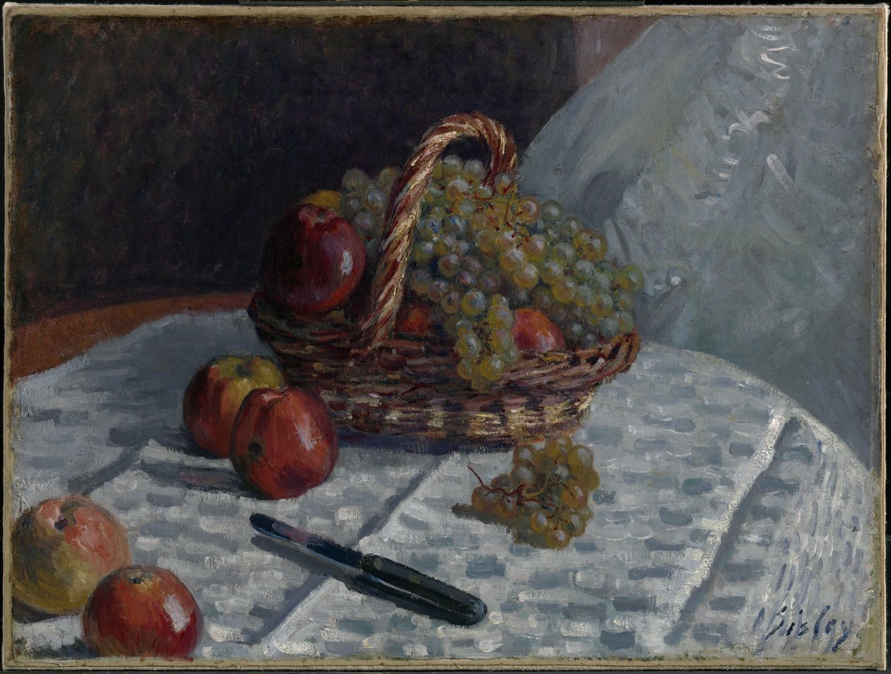 Maçãs e uvas num cesto de Alfred Sisley