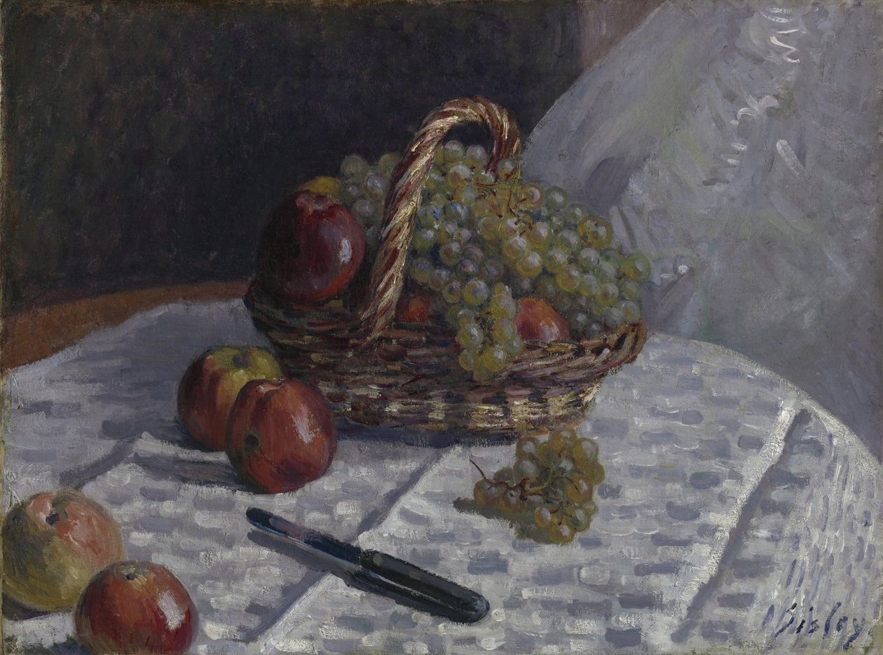 Maçãs e uvas em uma cesta, c.1880-81 de Alfred Sisley