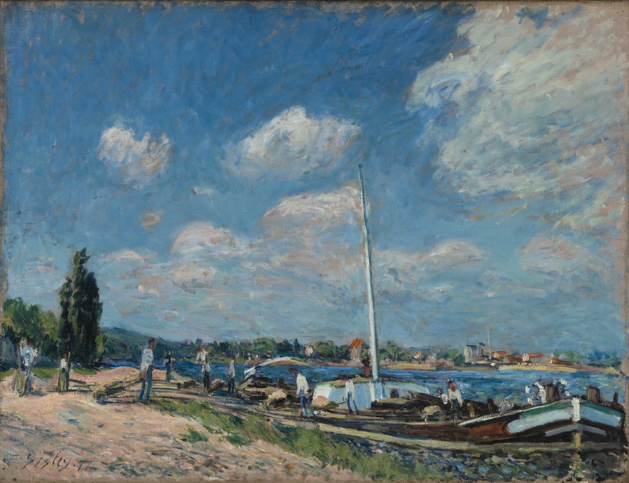 Francês: Descarga de barcaças em Billancourt de Alfred Sisley