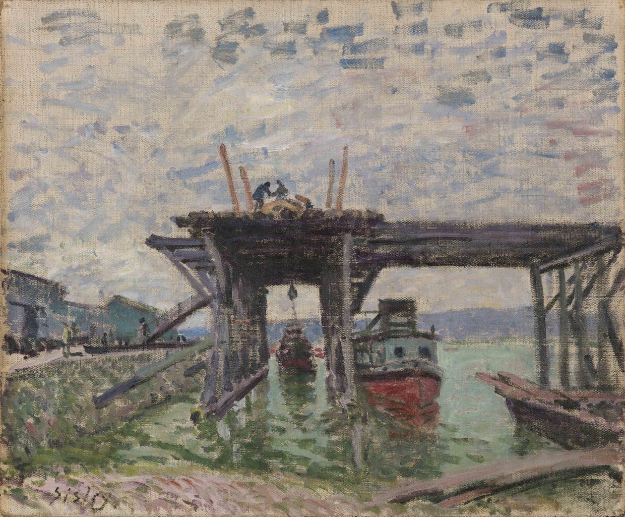 Alemão: Ponte em construção A garagem de barcos no rio de Alfred Sisley