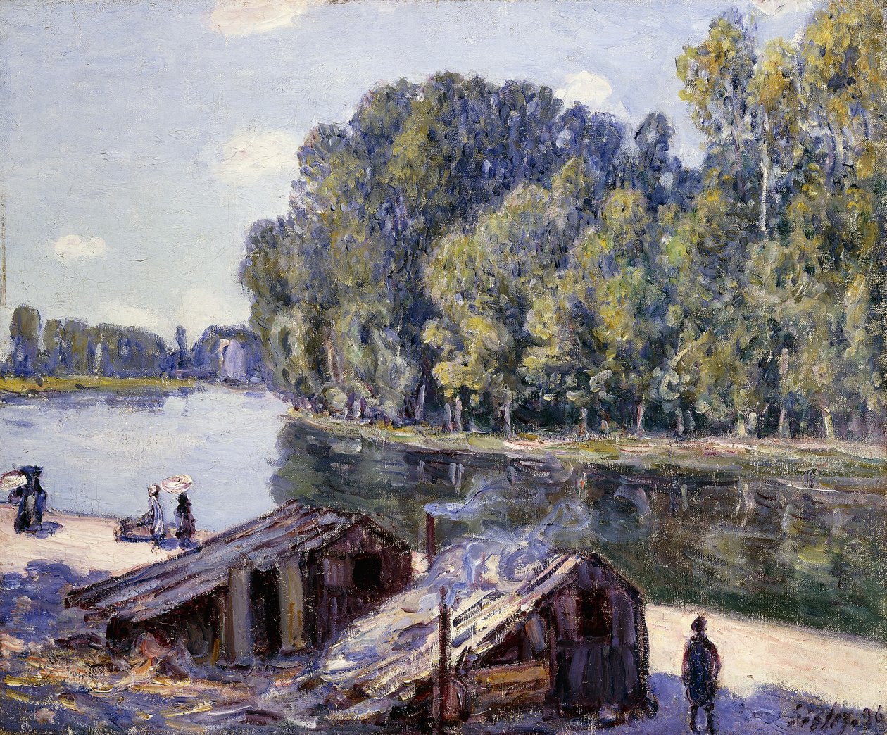 Cabanas à beira do Canal du Loing com o Sol brilhando; Cabanas nas margens do Canal de Loing - efeito do Sol de Alfred Sisley
