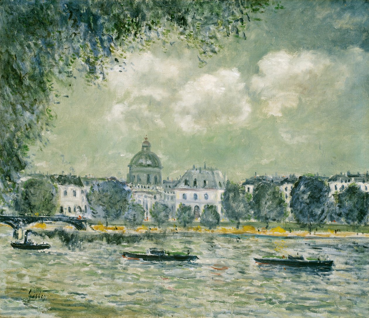 Paisagem ao longo do Sena com o Institut de France e a Pont des Arts de Alfred Sisley