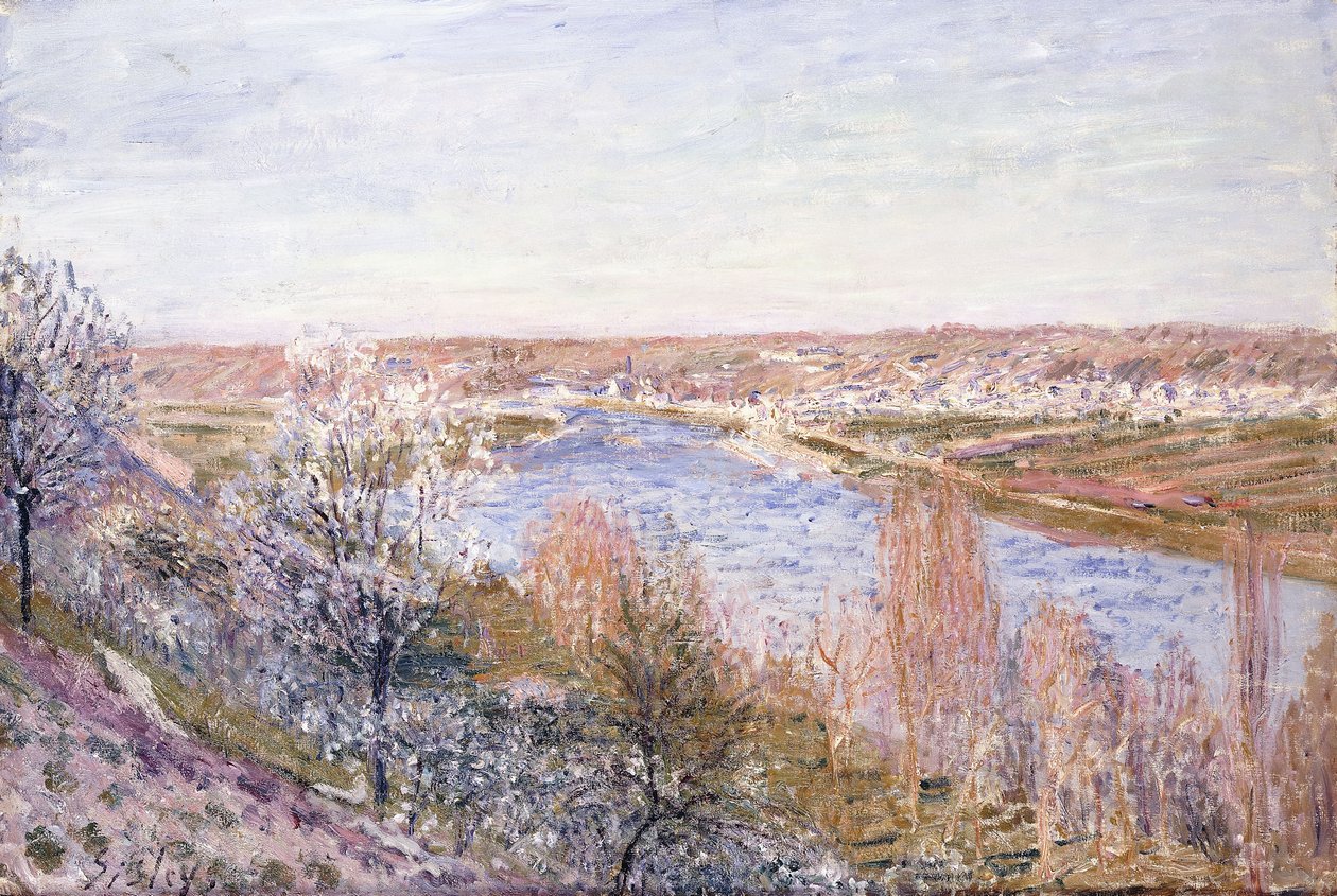 A vila de Champagne no pôr do sol-abril de 1885 de Alfred Sisley