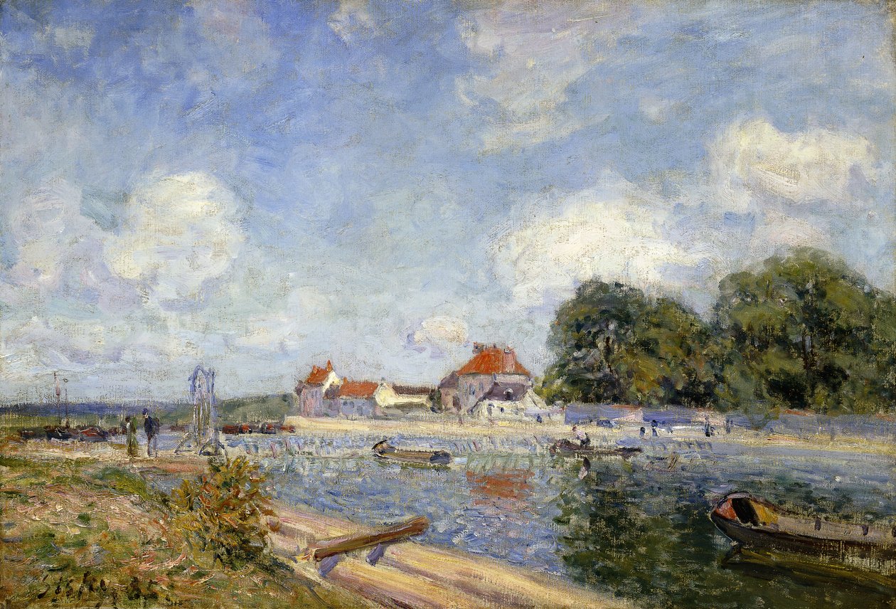 O açude no Loing em Saint-Mammes; Le Barrage du Loing a Saint-Mammes, 1885 de Alfred Sisley