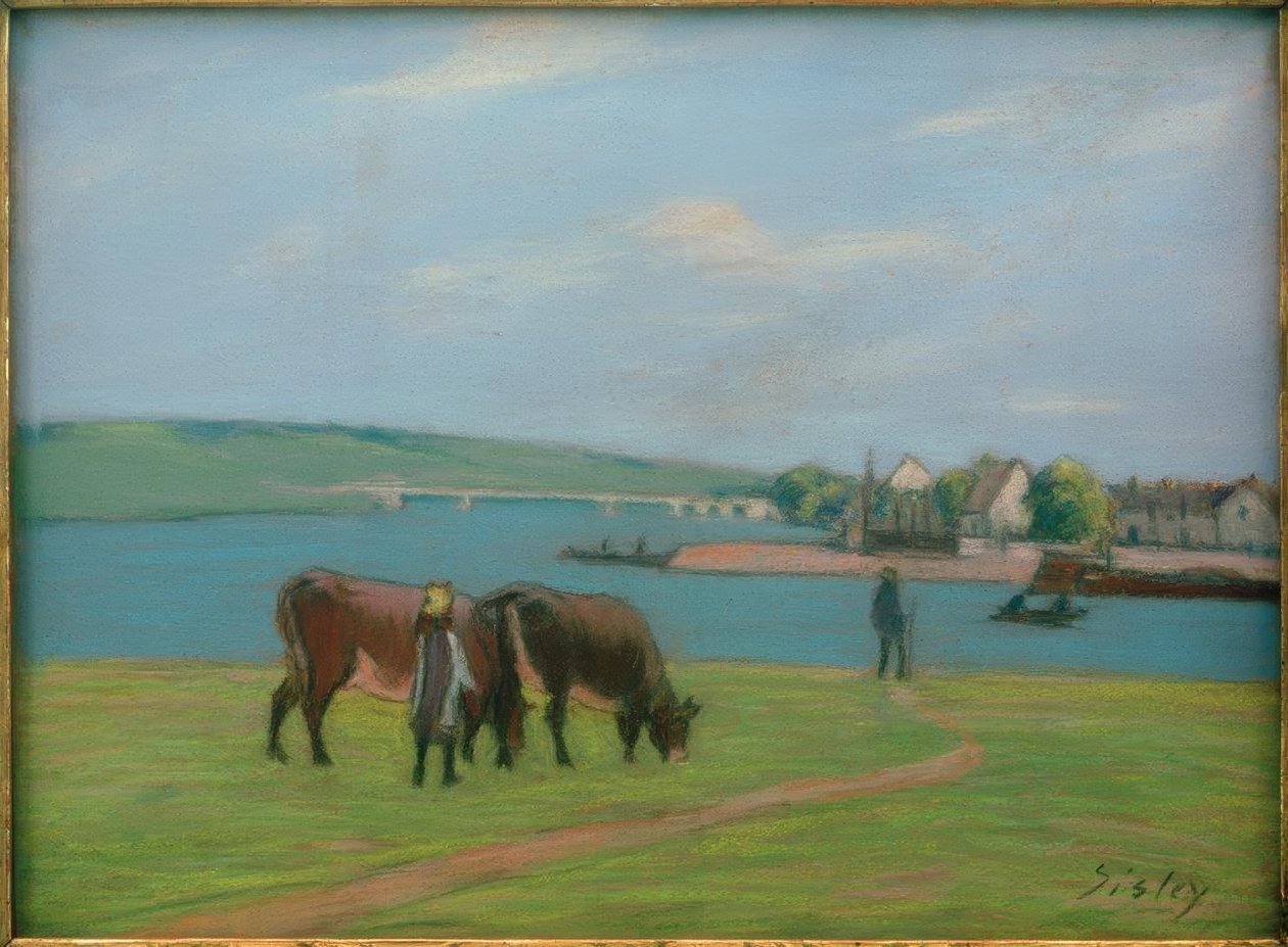 Vacas nas margens do Sena em Saint-Mammès de Alfred Sisley