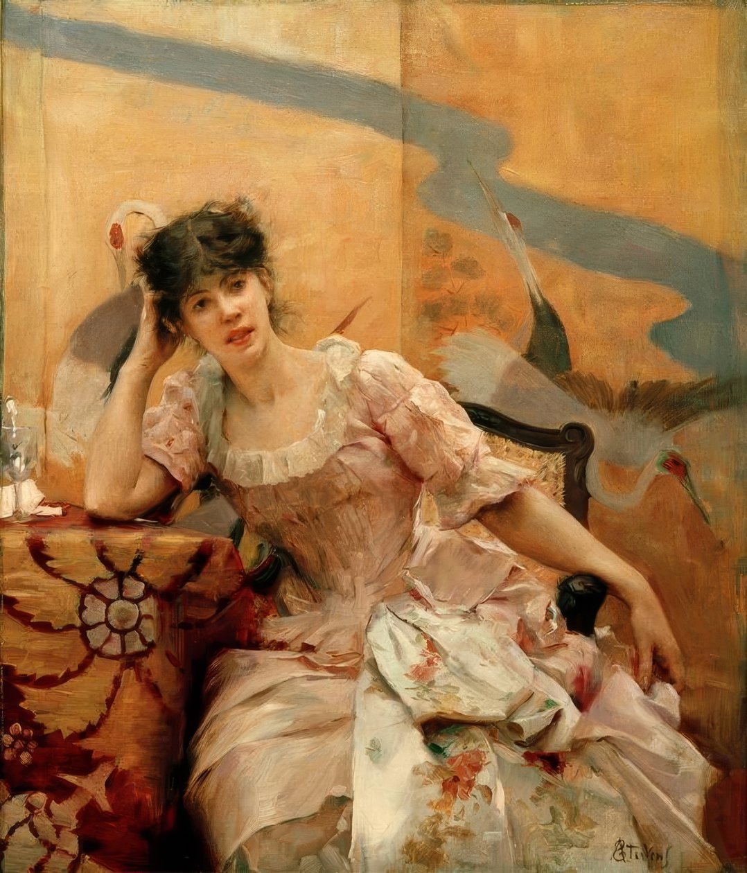 A. Stevens, mulher jovem e tela japonesa de Alfred Emile Stevens