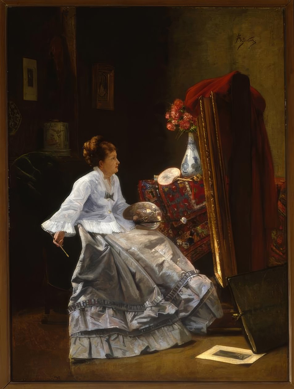 Atribuído a A. Stevens, senhora em seu cavalete - pintura de Alfred Emile Stevens