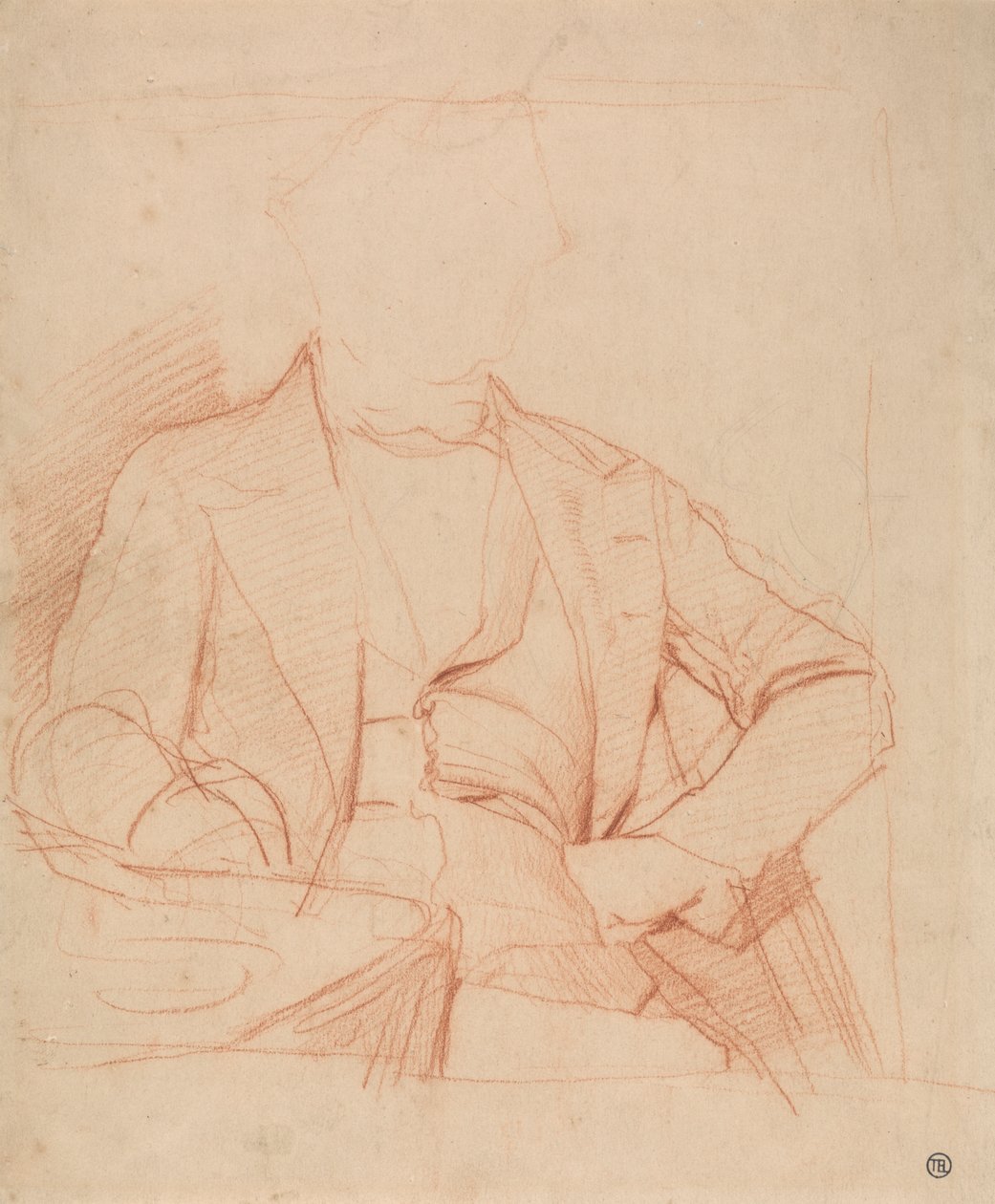 Estudo para o retrato do Sr. Coleman: sentado de frente, mão esquerda sobre a anca, braço direito sobre a mesa de Alfred Emile Stevens