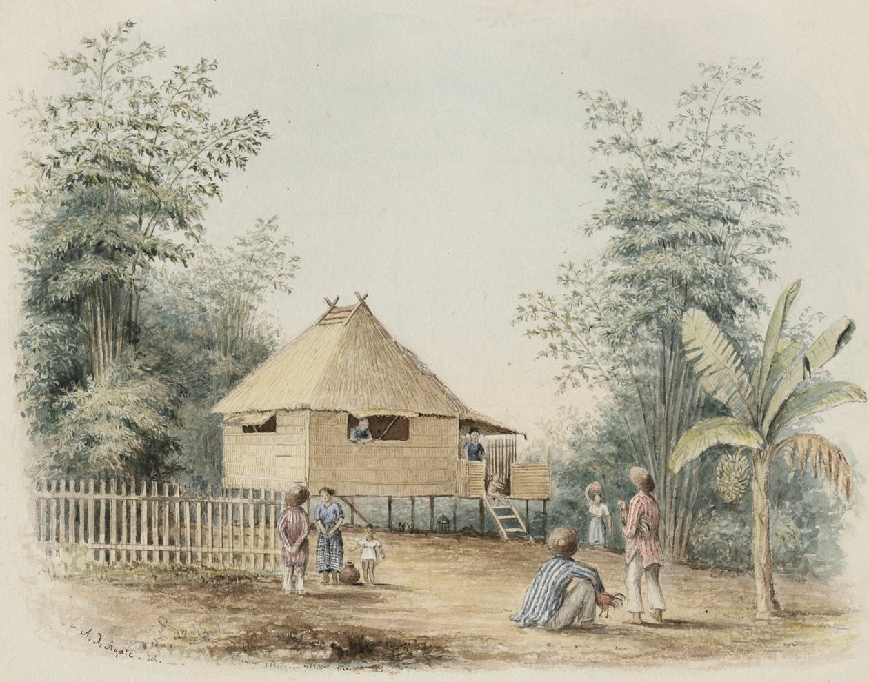 Casa nativa perto de Manila, 1842 (wc com toque de caneta e tinta no papel creme wove) de Alfred Thomas Agate