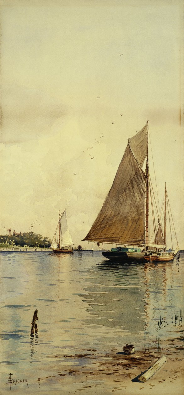 Secar as velas, barcos de ostras, Patchogue, Long Island, de Alfred Thompson Bricher