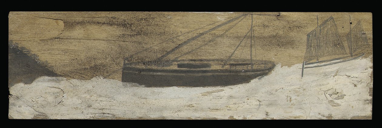 Barcos em águas agitadas (lápis e óleo no painel) de Alfred Wallis