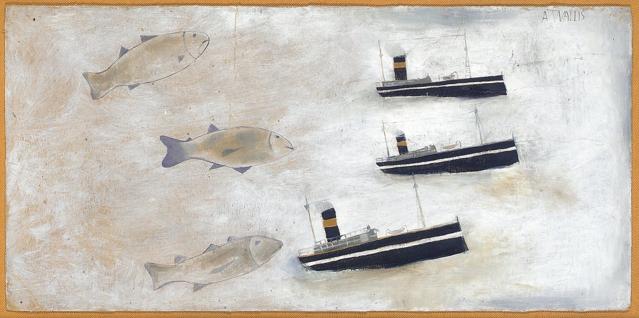 Peixes e traineiras (lápis e óleo no cartão) de Alfred Wallis