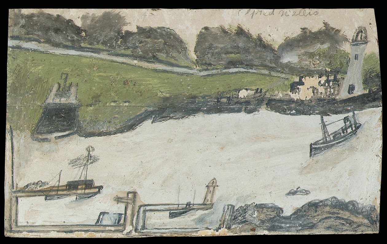 Cena do porto com castelo e farol (lápis e óleo no cartão) de Alfred Wallis