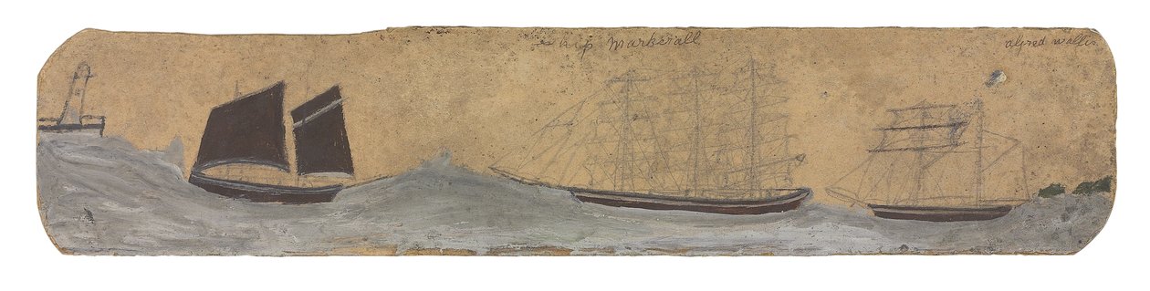 Lugger e dois pequenos veleiros a aproximarem-se do porto, c.1855-1942 (óleo e lápis sobre cartão) de Alfred Wallis