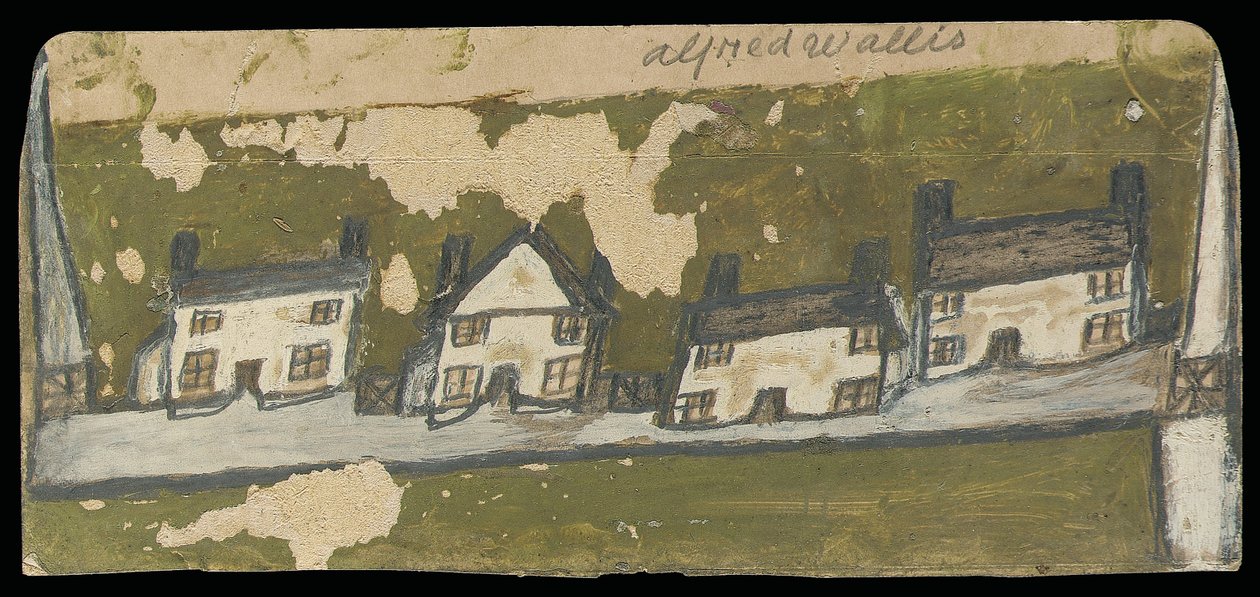 Fileira de quatro chalés (óleo e lápis no cartão) de Alfred Wallis