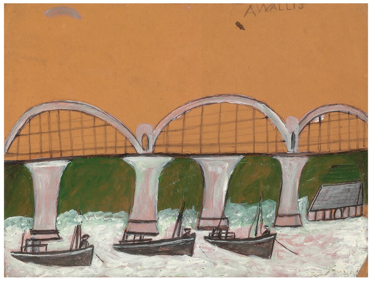 Saltash Bridge (lápis e óleo no cartão) de Alfred Wallis