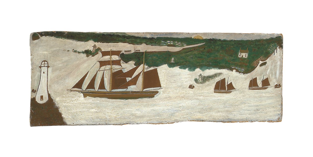 Escuna a passar por um farol, c.1855-1942 (óleo sobre tábua) de Alfred Wallis