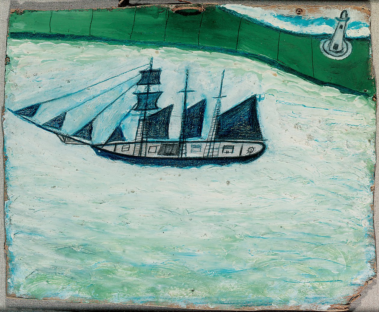Navio e farol, c.1925 (óleo a bordo) de Alfred Wallis
