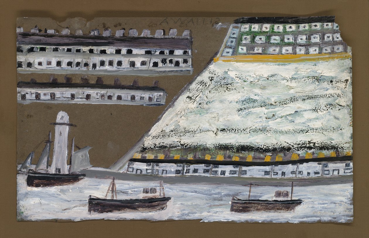 Navios e farol, casas (lápis e óleo sobre papel) de Alfred Wallis