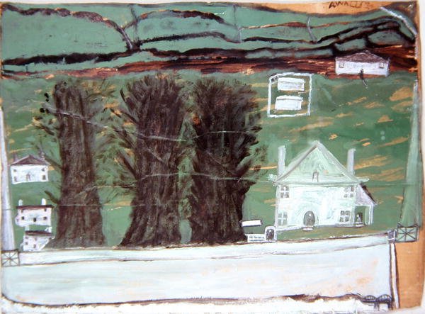 Três Árvores, Casa Branca em uma Paisagem (óleo sobre cartão) de Alfred Wallis