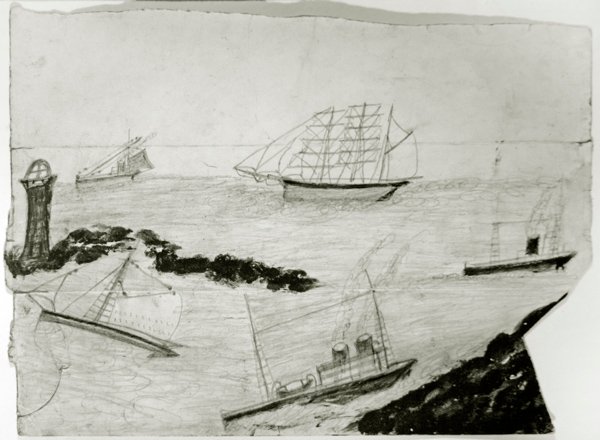 Três veleiros, dois navios a vapor e Godrevy Lighthouse, c.1935-38 (óleo e lápis sobre cartão) de Alfred Wallis