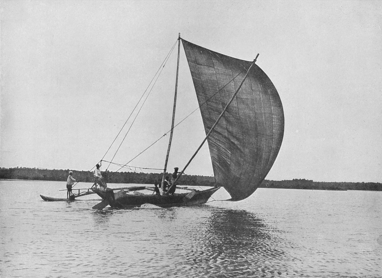 Canoa Outrigger em plena vela no lago Negombo, c1890, 1910 de Alfred William Amandus Plate