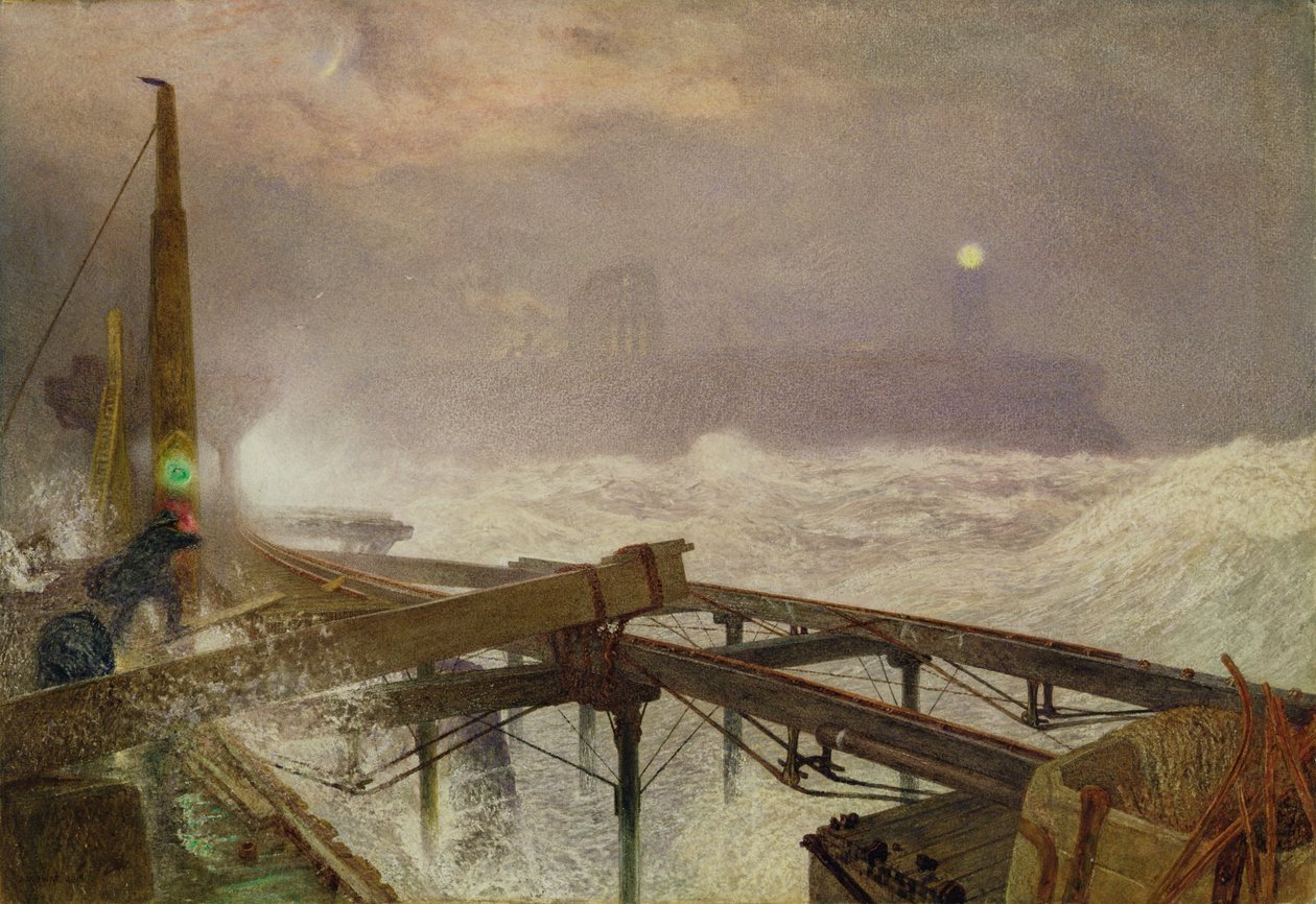 Blue Lights, Teignemouth Pier - Acendendo as Lâmpadas ao Pôr do Sol, 1868 (wc, cor da carroçaria e rabiscar no papel) de Alfred William Hunt