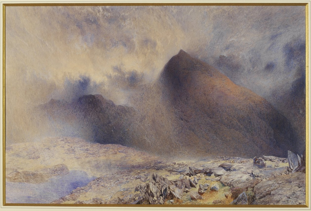 Monte, snowdon, através, limpando nuvens, 1857, (wc, und, lápis, ligado, paper) de Alfred William Hunt