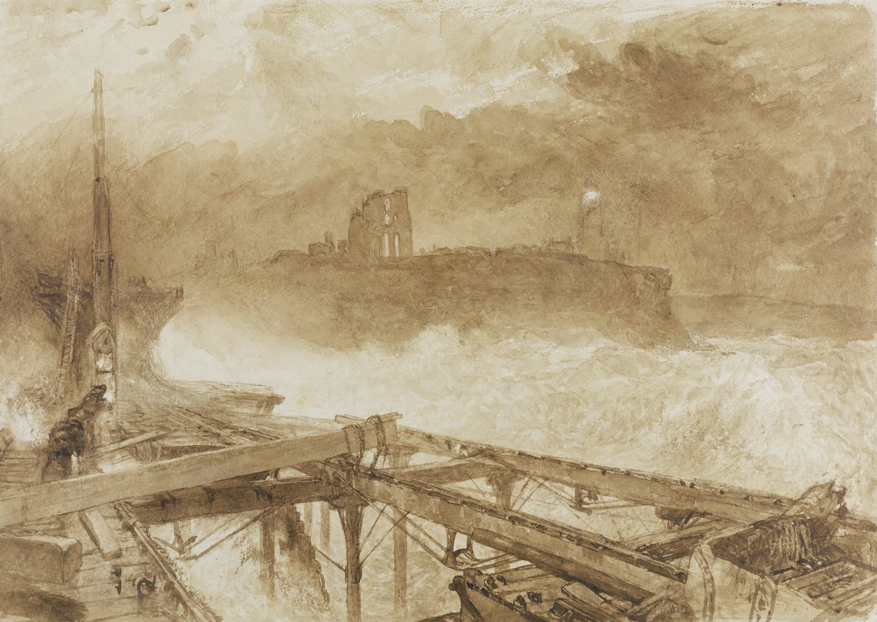 Estudo para o Cais de Tynemouth &39;Blue Lights&39; - Acendendo as Lâmpadas ao Pôr-do-sol (lavagem marrom e raspagem no papel) de Alfred William Hunt