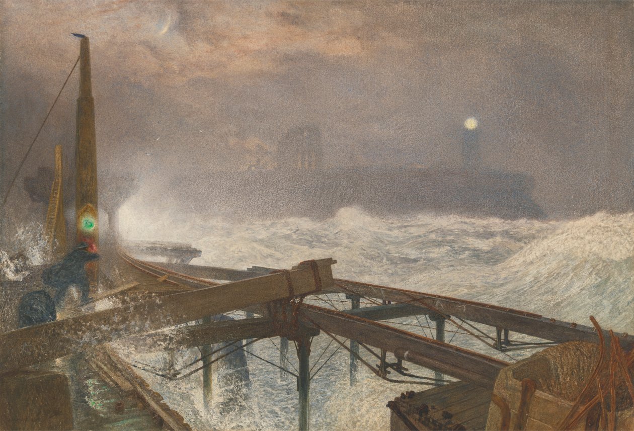 Tynemouth Pier - Iluminação das lâmpadas em Sundown de Alfred William Hunt