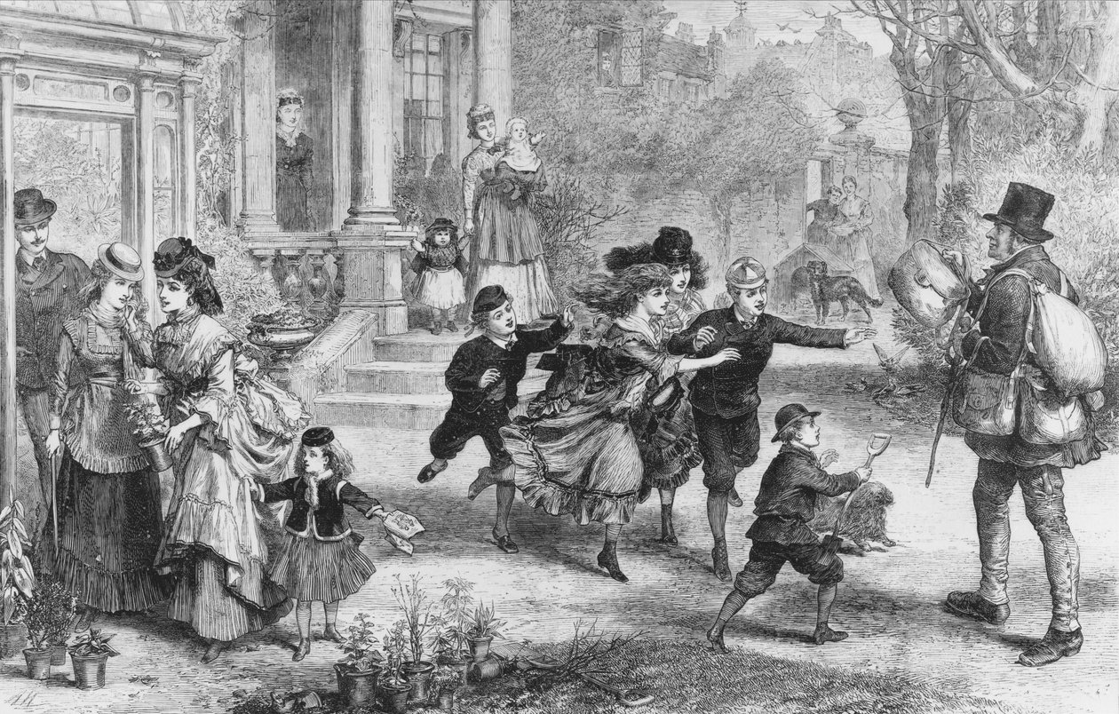 Dia dos Namorados, "Oh! Aqui está o carteiro!" (gravura) de Alfred William Hunt