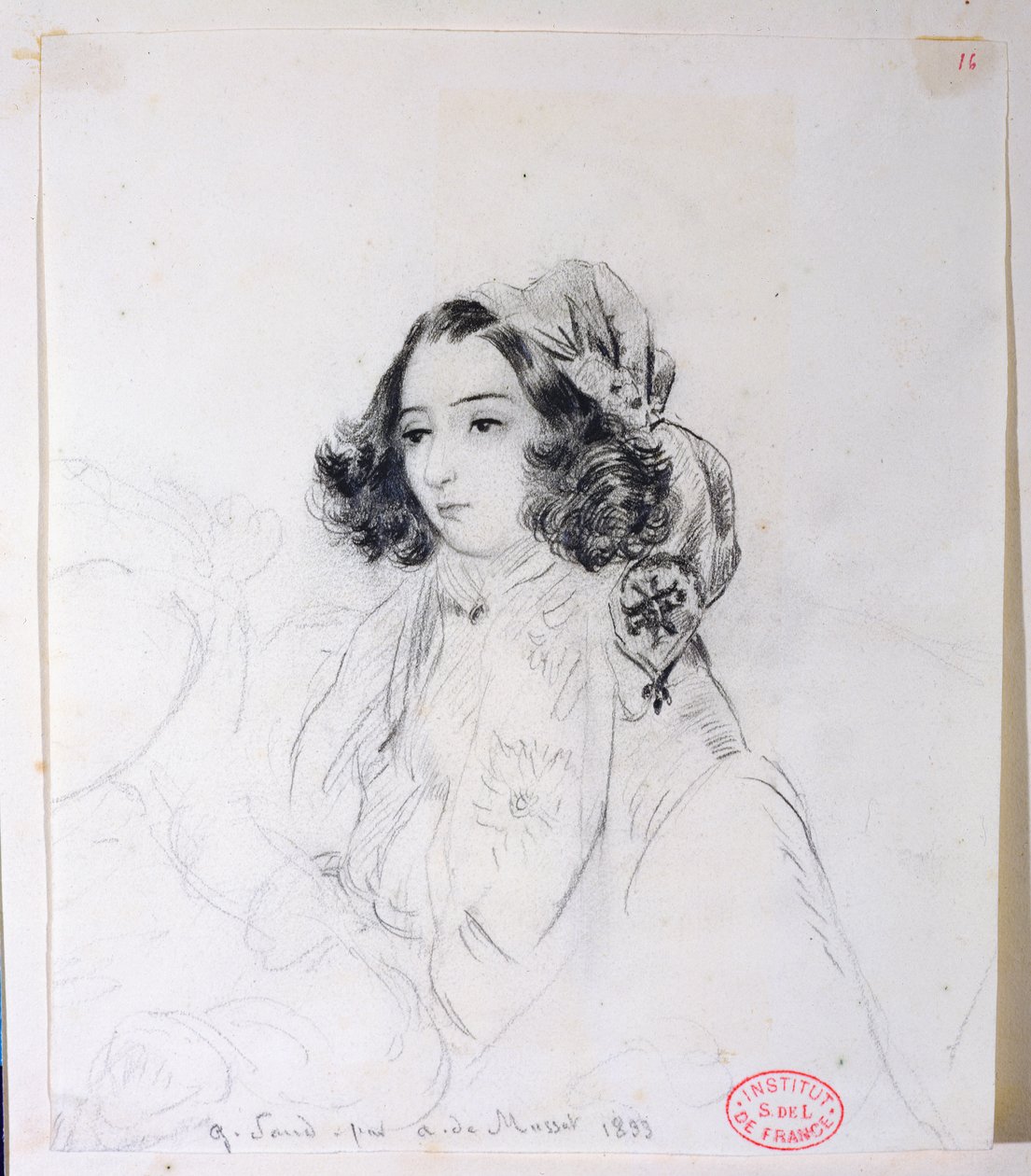 George Sand (1804-76) usando um lenço na cabeça, 1833 de Alfred de Musset