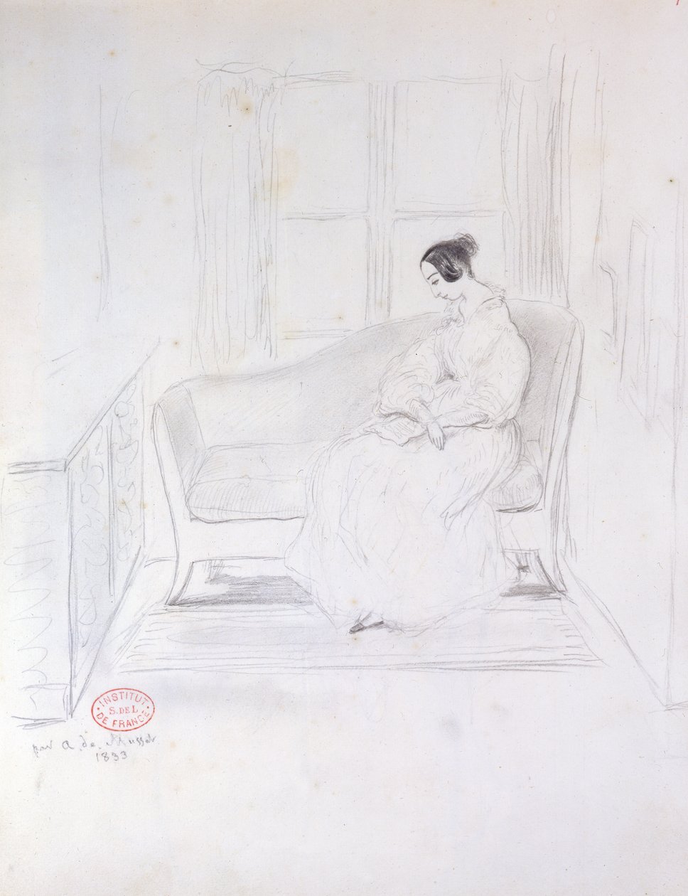 George Sand (1804-76), lendo em um sofá ao lado de uma janela, 1833 de Alfred de Musset