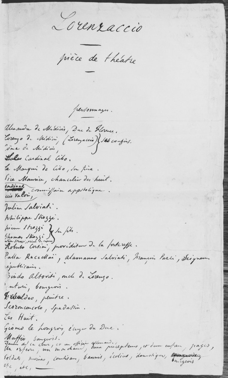 Manuscrito original de &39;Lorenzaccio&39;, lista de personagens, 1834 de Alfred de Musset