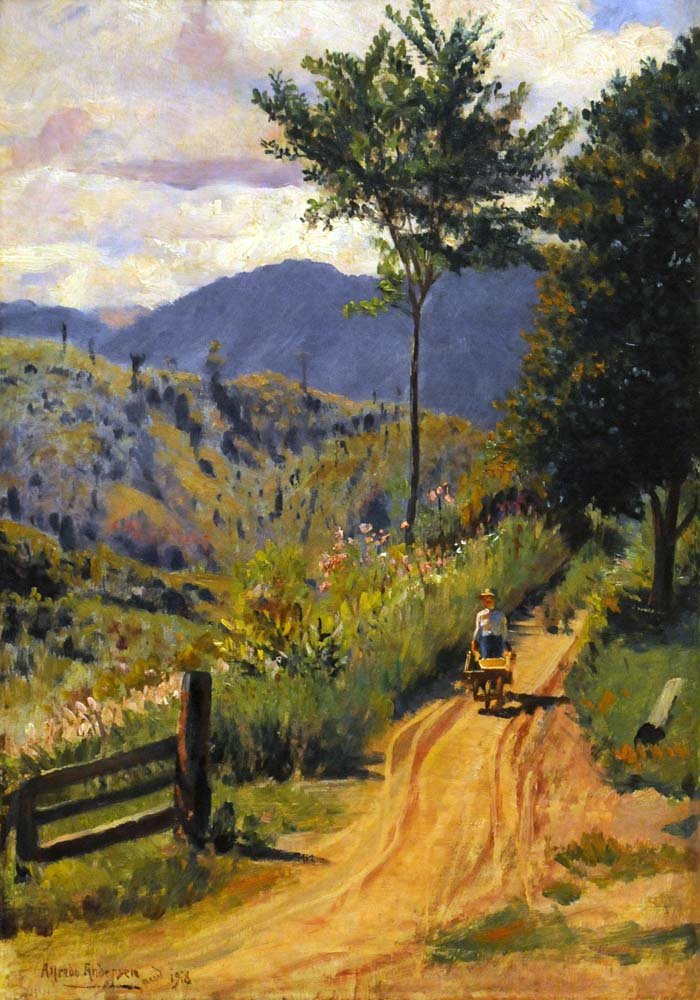 Paisagem com uma raiva de montanha e uma figura de Alfredo Andersen