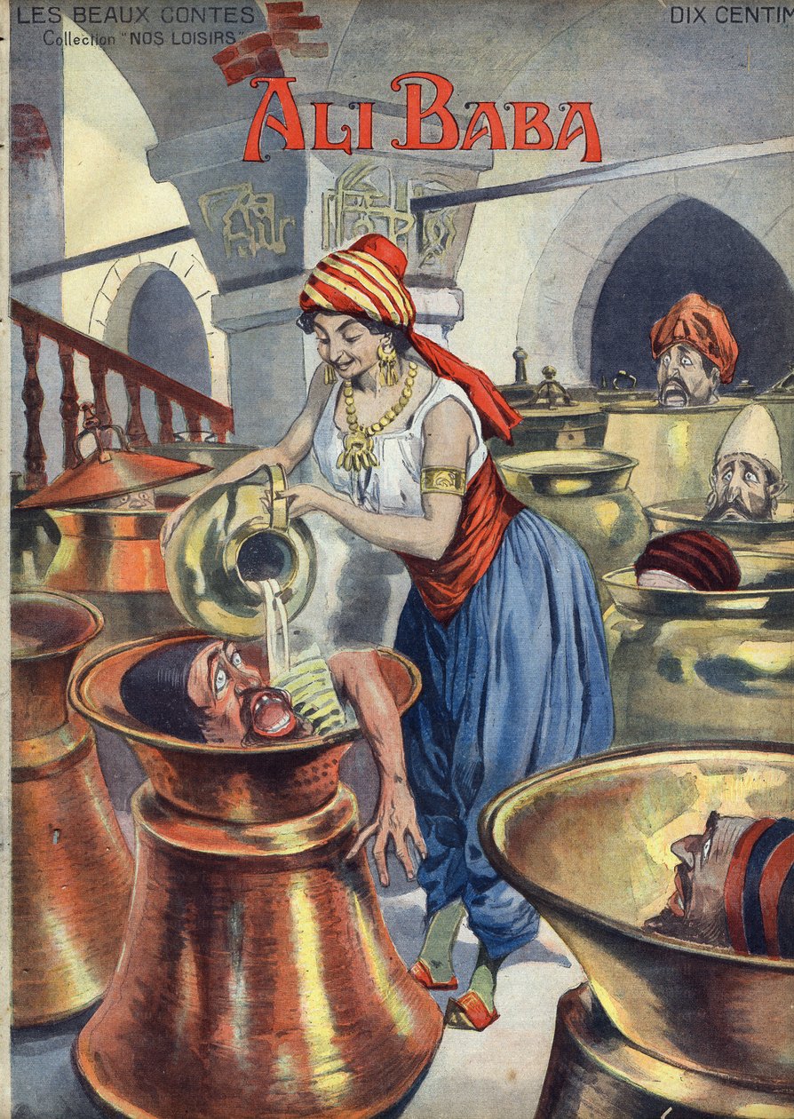 Ali Baba (e os Quarenta Ladrões). Conto popular de 1001 noites ou mil e uma noites). Ilustração de Vaccari e Carrey na coleção “” Les beaux tales”” “” Nos loisirs””” por volta de 1910. Coleção particular. de Alfredo and Carrey Vaccari