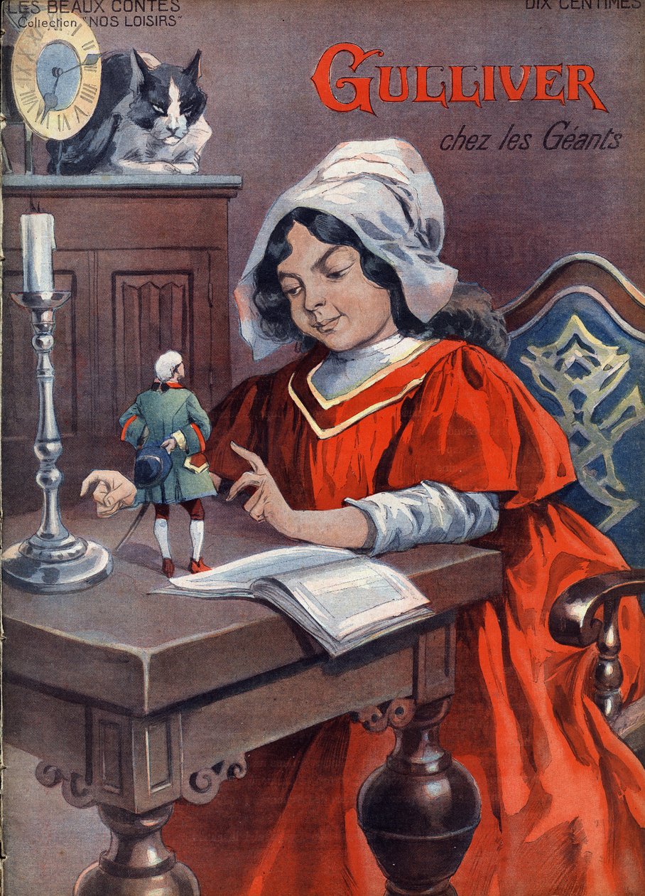 Gulliver in the giants (Brobdingnag). Conto de Jonathan Swift (1667-1745). Ilustração de Vaccari e Carrey na colecção "Les beaux tales" "Nos loisirs" por volta de 1910. Colecção privada. de Alfredo and Carrey Vaccari