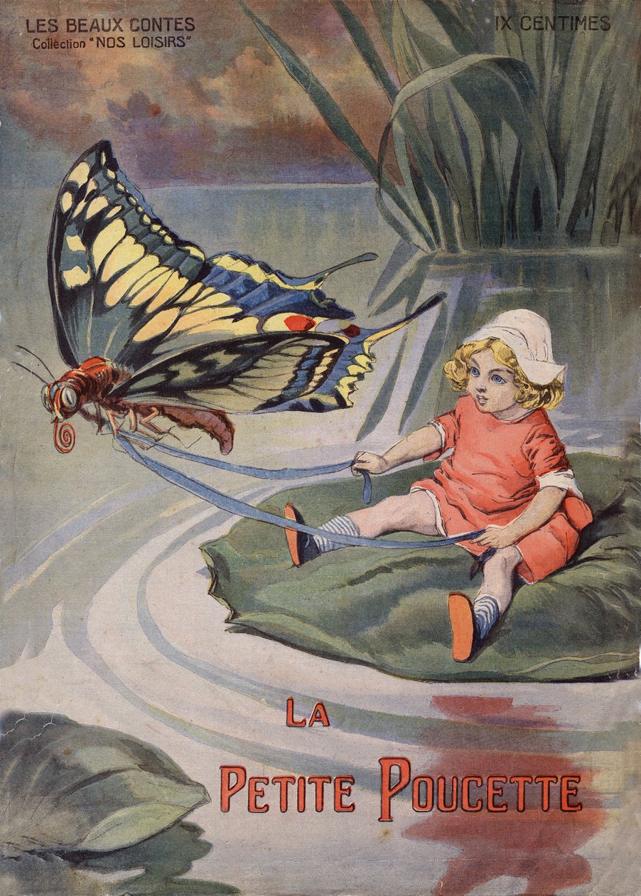 O Pequeno Gorducho. Uma pequena menina sentada sobre um lírio de água puxado por uma borboleta. Conto de Hans Christian Andersen (1805-1875). Ilustração de Vaccari e Carrey na colecção "Les beaux tales" "Nos loisirs" por volta de 1910. Colecção privada. de Alfredo and Carrey Vaccari