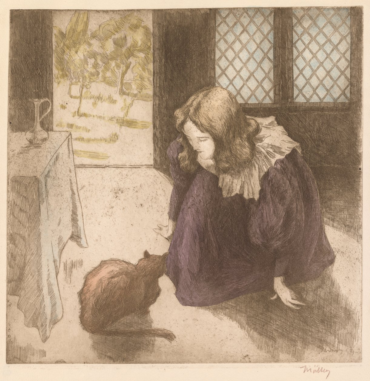 Interior, menina com gato (La Petite fille au chat) de Alfredo Müller
