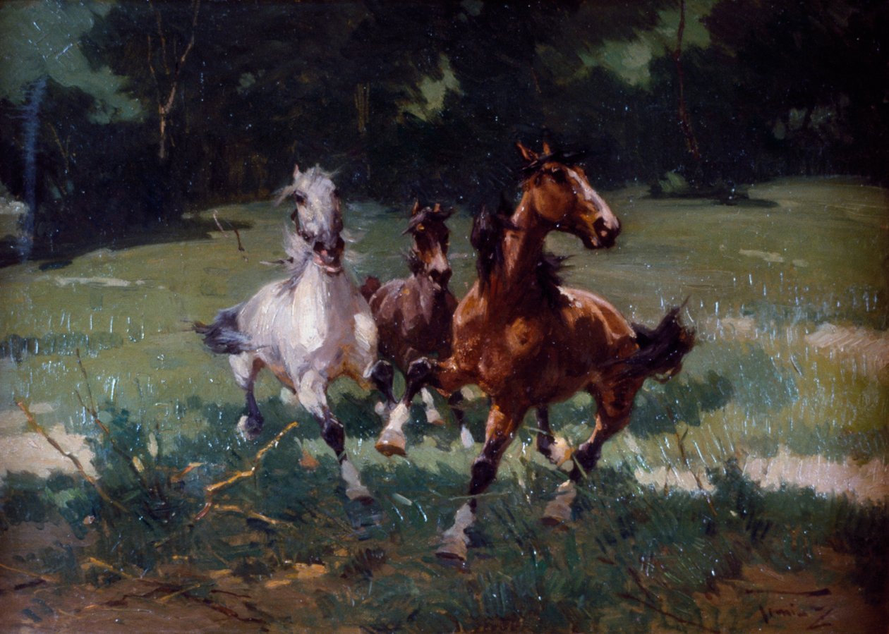 Running Horses, pintura de Alfredo Tominz (1854-1936), óleo sobre papelão, 67x48 cm, Itália de Alfredo Tominz