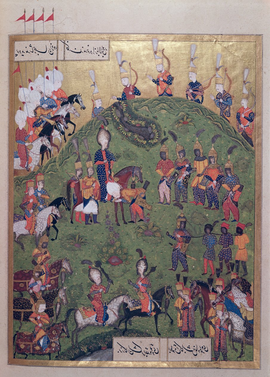 O Sultão Suleyman I (1495-1566) chegando à fortaleza de Bogurdelen, do &39;Suleymanname&39; (Mss Hazine. 1517 f.81r), 1558 (tinta e folha de ouro sobre velino) de Ali Amir Beg